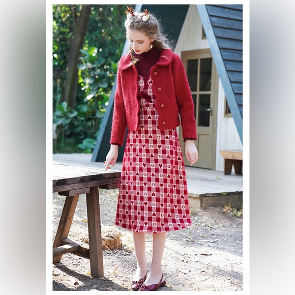 White & Red Checkered Heart Pattern Pom-Pom Front Tie Wool Blend Midi Dress M/L - Picture 6 of 13